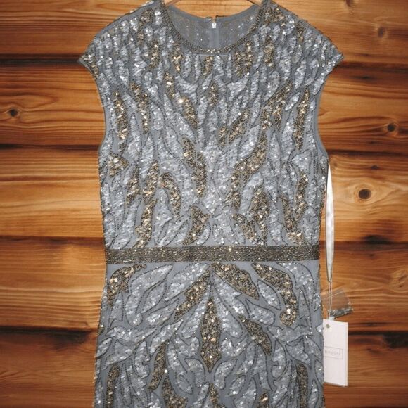 NWT Mac Duggal 5532 Embellished Illusion Cap Sleeve Column Gown - Picture 7 of 13